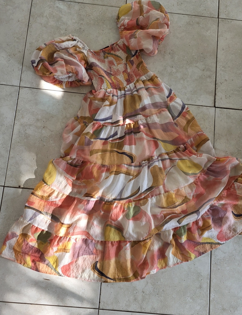 What The Frock Puff-Sleeve Smocked Maxi Dress in Pastels LoFi Soft Girl Tiered